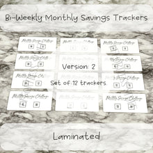 Load image into Gallery viewer, Bi-Weekly Monthly Savings Challenge Trackers | Version: 2 | Laminated Trackers | Set of 12 | Yearly Savings Challenge | Fits A6 Binders |