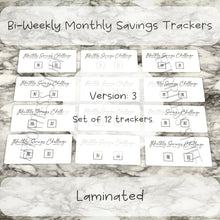 Load image into Gallery viewer, Bi-Weekly Monthly Savings Challenge Trackers | Version: 3 | Laminated Trackers | Set of 12 | Yearly Savings Challenge | Fits A6 Binders |