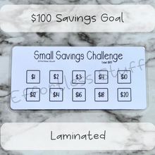Load image into Gallery viewer, Small Savings Challenge Trackers | Laminated Trackers | Nine Trackers | Savings Challenge | Fits in A6 Binders | Simple Design |
