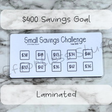 Load image into Gallery viewer, Small Savings Challenge Trackers | Laminated Trackers | Nine Trackers | Savings Challenge | Fits in A6 Binders | Simple Design |