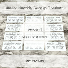 Load image into Gallery viewer, Weekly Monthly Savings Challenge Trackers | Version: 1 | Laminated Trackers | Set of 12 | Yearly Savings Challenge | Fits A6 Binders |