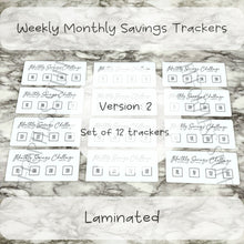Load image into Gallery viewer, Weekly Monthly Savings Challenge Trackers | Version: 2 | Laminated Trackers | Set of 12 | Yearly Savings Challenge | Fits A6 Binders |