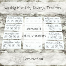 Load image into Gallery viewer, Weekly Monthly Savings Challenge Trackers | Version: 3 | Laminated Trackers | Set of 12 | Yearly Savings Challenge | Fits A6 Binders |