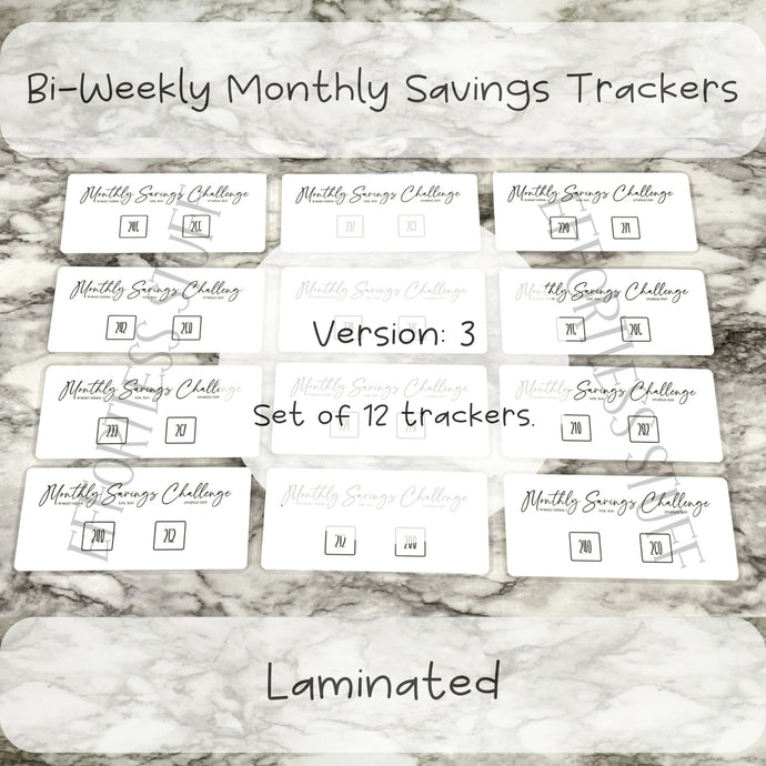 Bi-Weekly Monthly Savings Challenge Trackers | Version: 3 | Laminated Trackers | Set of 12 | Yearly Savings Challenge | Fits A6 Binders |