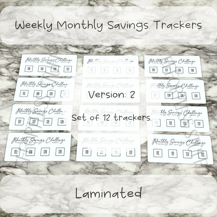 Weekly Monthly Savings Challenge Trackers | Version: 2 | Laminated Trackers | Set of 12 | Yearly Savings Challenge | Fits A6 Binders |