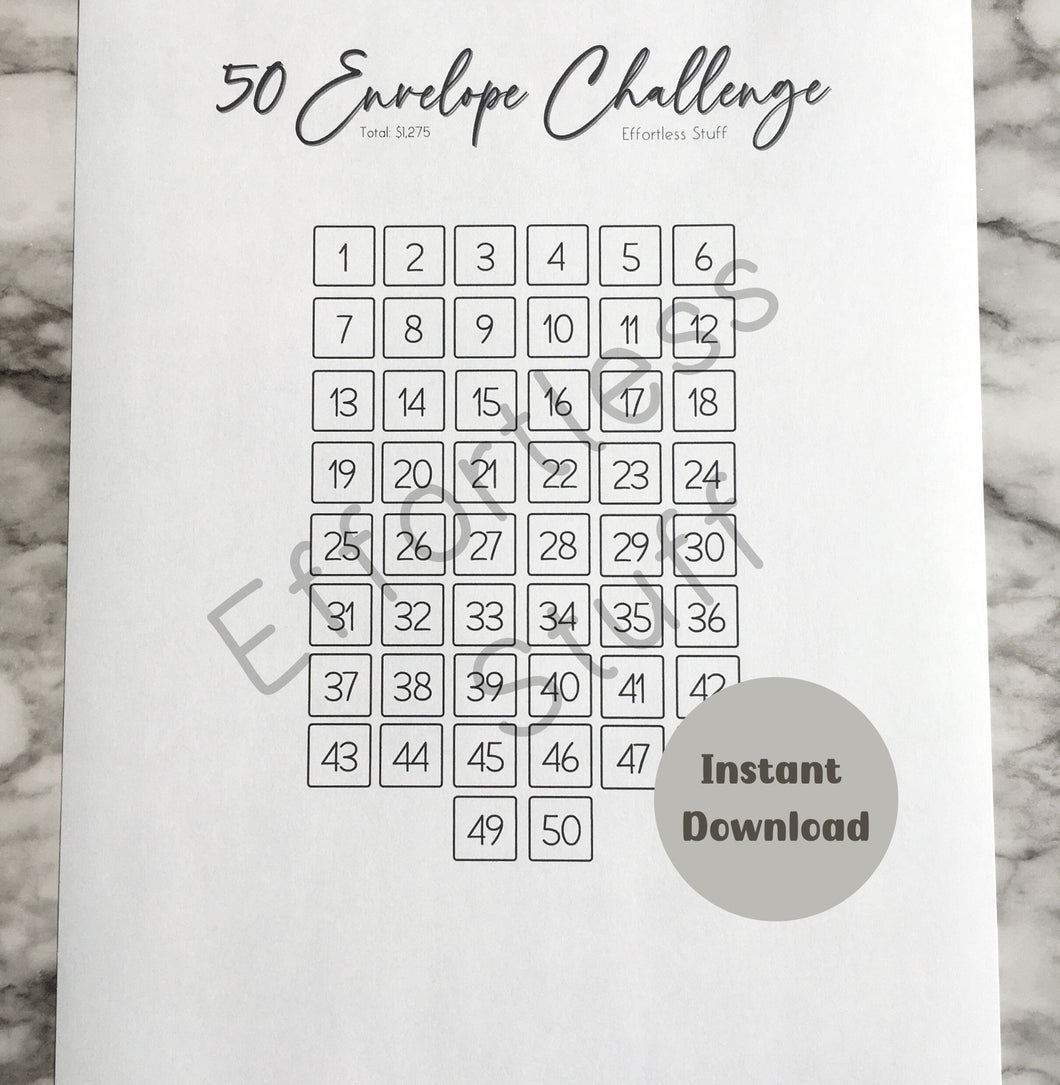 Printable 50 Envelope Challenge Template (Simple Design) | Letter Size Template |